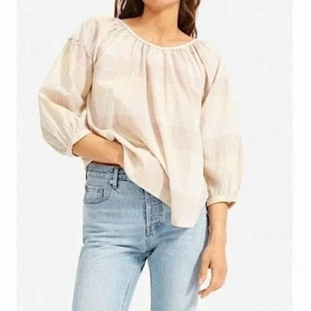 Everlane The Ruched Air Toffee Plaid Lightweight Pure Cotton Neutral Blouse